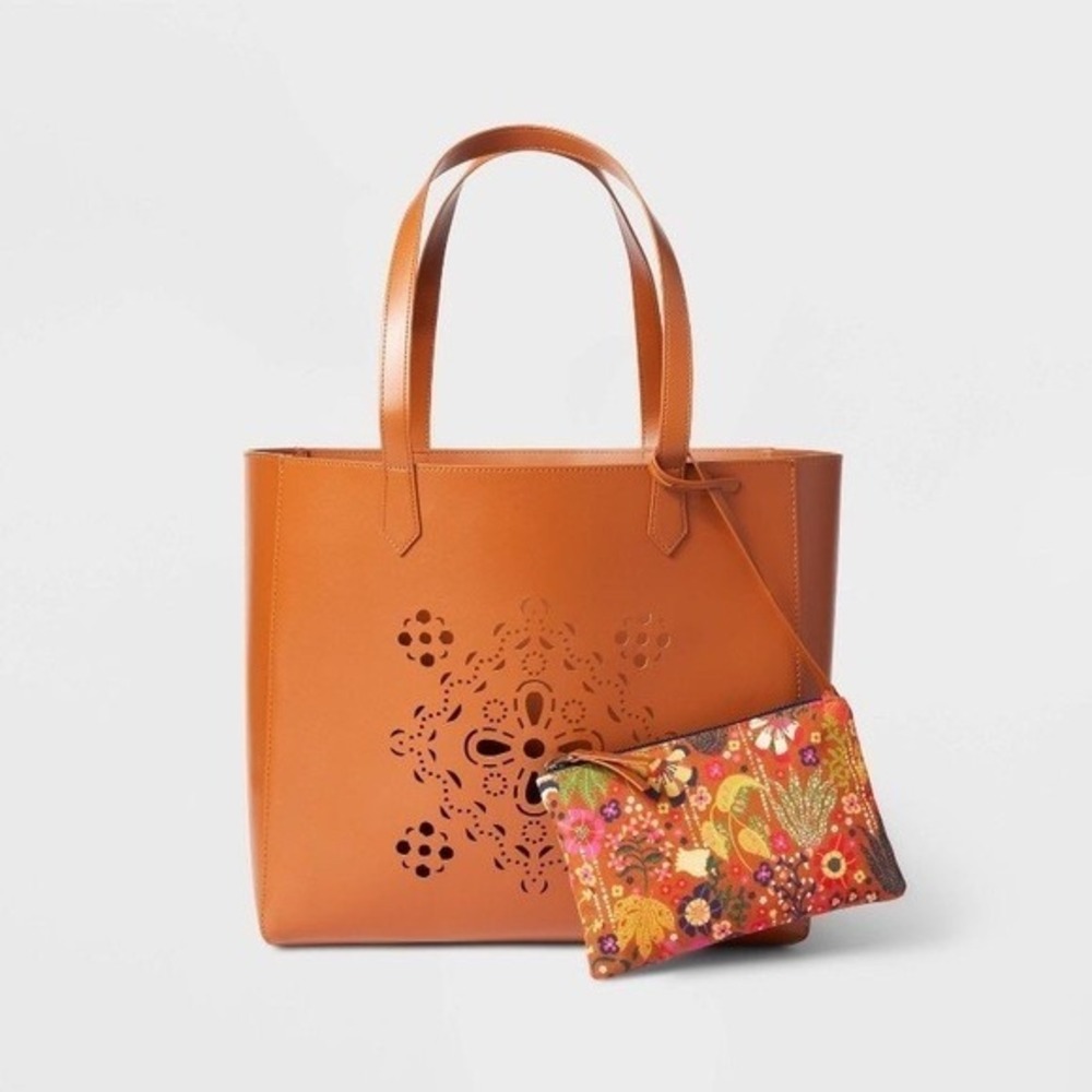 Target Latino Heritage Month XL Brown Laser Cut Tote Bag with Floral Pouch NWT